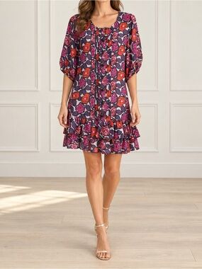 Plenty by Tracy Reese Dress M Silk Wool Floral Drop Waist Ruffle Mini